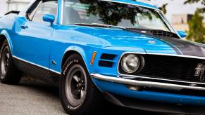 A 1970 Ford Mustang Mach 1, like the one Mark Wahlberg overlooks in 'The Family Plan' shows off its front-end styling.