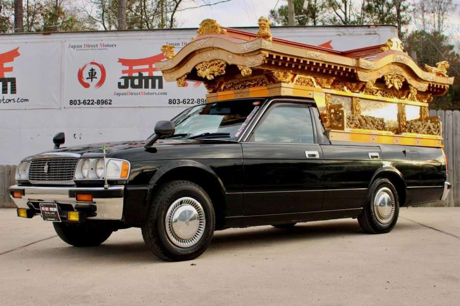 The front of an ornamental Japanese hearse built on an old Toyota Crown chassis