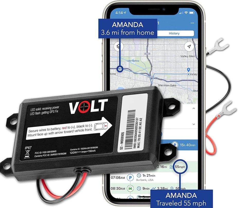 Product photo of a black car tracker GPS device and cellphone app.