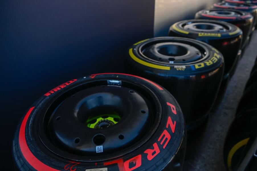 Pirelli F1 tires show off just how big they are with different compound colors.