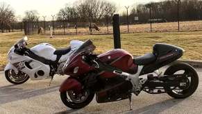 A set of Suzuki Hayabusa motorcycles with stretched, extended swingarm architecture.