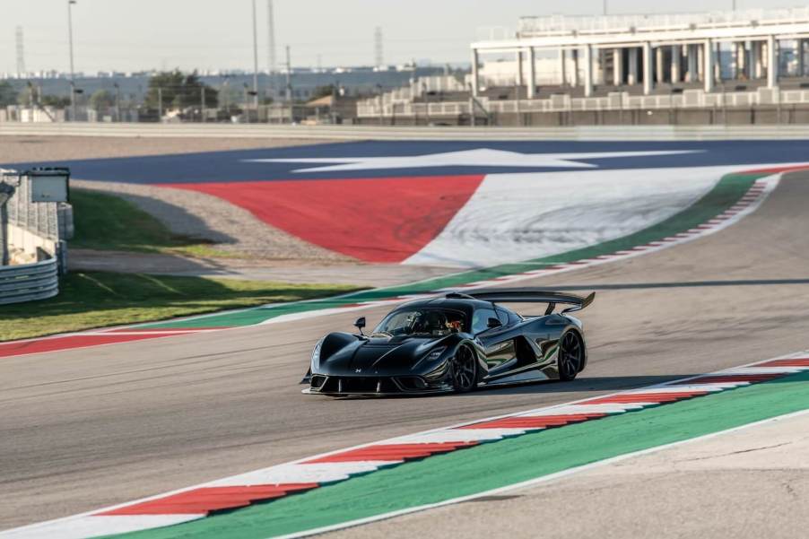 The Hennessey Venom F5 Revolution drives around COTA at speed.