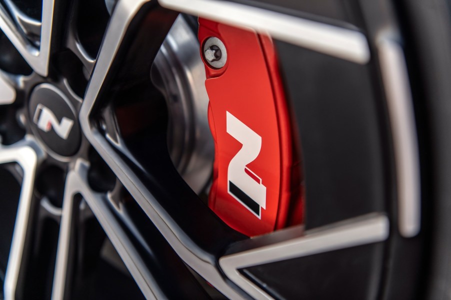 Red "N" calipers on the brembo brakes of the Hyundai Ioniq 5 N performance EV.