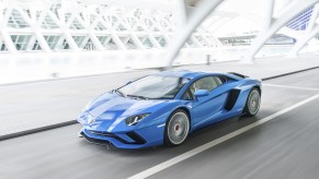 A blue Lamborghini Aventador