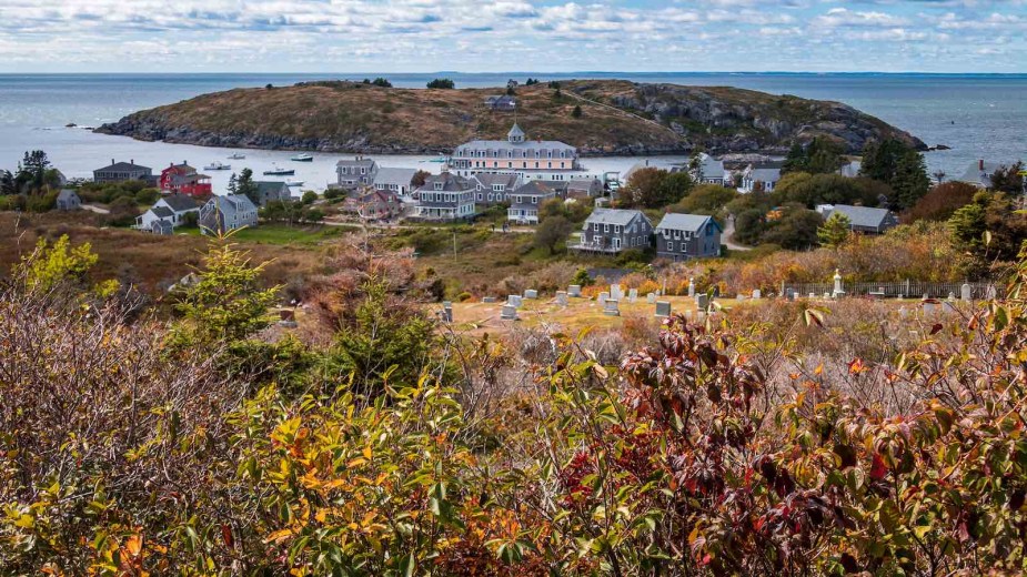 View of a Maine island's harbor town from a nearby mountaintop.