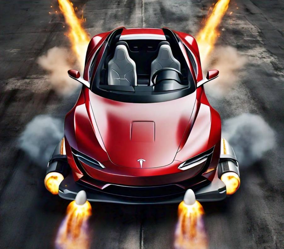 Red Tesla roadster with fiery rocket boosters on its bumpers