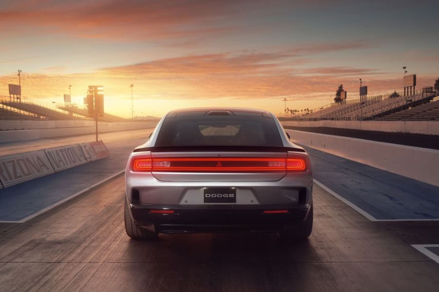 The new Dodge Charger Daytona Scat Pack, which shares a body with the SIXPACK, lines up on a drag strip.