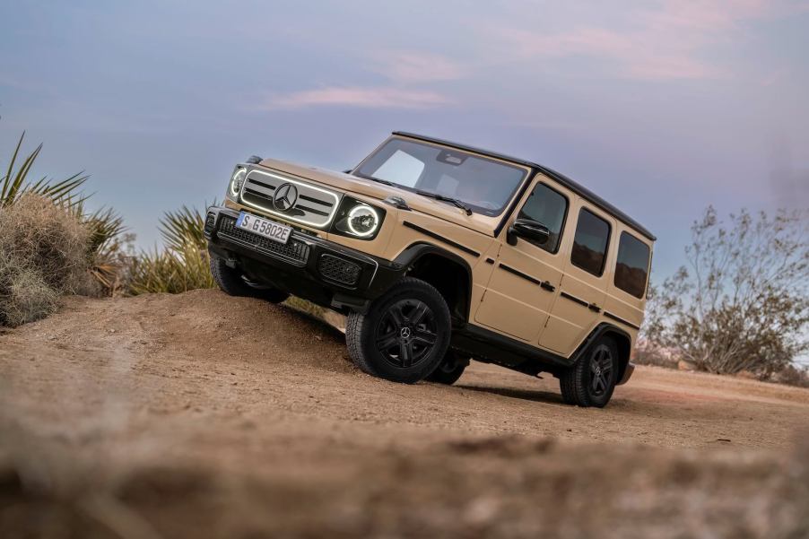 Electric Mercedes Benz G wagon SUV parked on a rock off-road