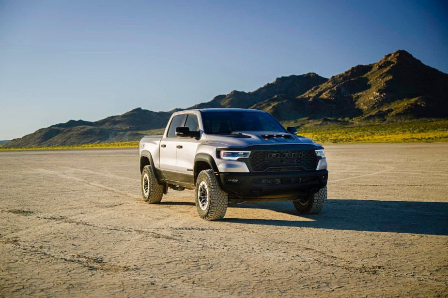 Silver Ram truck parked off road