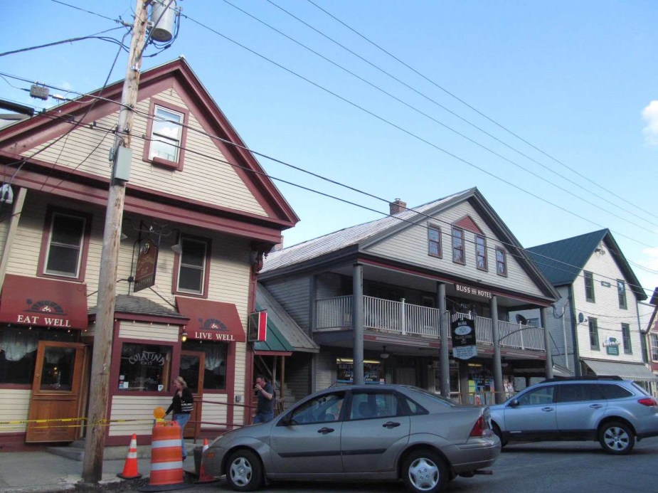 Restaurants and stores on a Vermont town's main street.