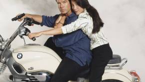 Pierce Brosnan and Michelle Yeoh on a BMW R1200C from the James Bond film 'Tomorrow Never Dies'.