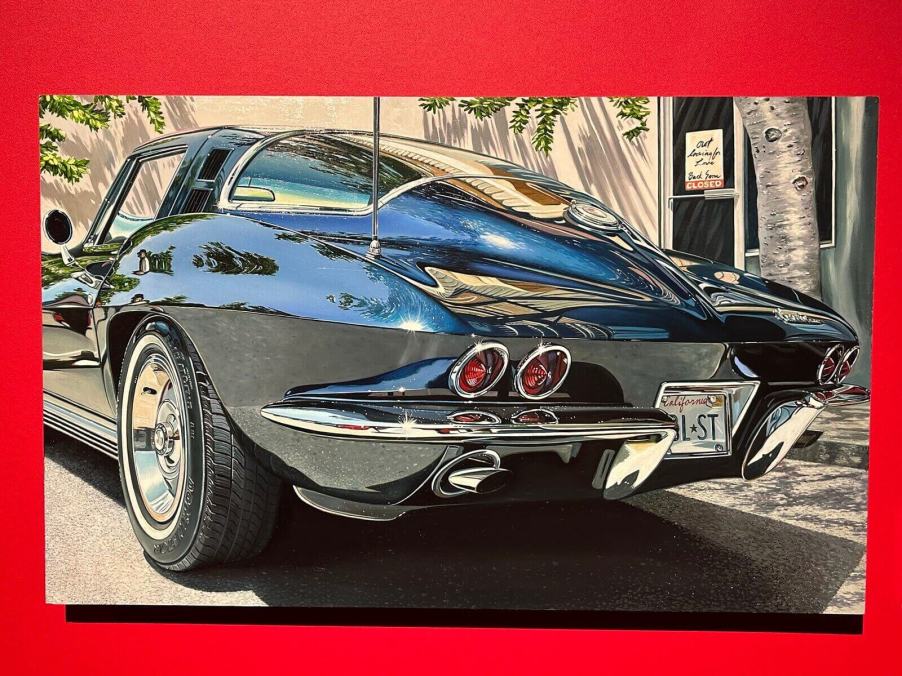 A realistic art piece, 'Blue Corvette', on display at the National Corvette Museum.