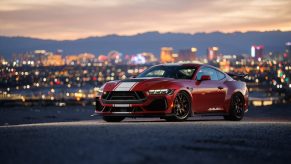 The new Shelby Super Snake on the S650 Mustang platform shows off its fascia by a skyline.