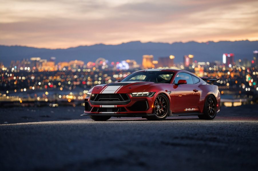 The new Shelby Super Snake on the S650 Mustang platform shows off its fascia by a skyline.