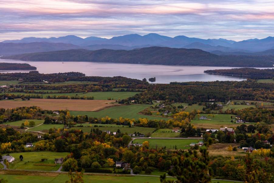 View of Lake Champlain and Vermont farm land from above