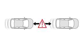 An diagram outlining two cars in an AEB system in aerial view with a red hazard triangle between them and black arrows pointing toward each car