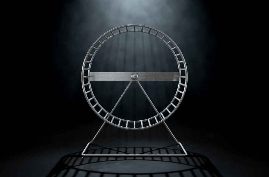 A metal hamster wheel in a dark space overhead light