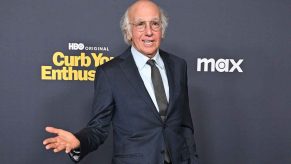 Larry David stands in front of an HBO Max Curb Your Enthusiasm banner in a dark suit and tie