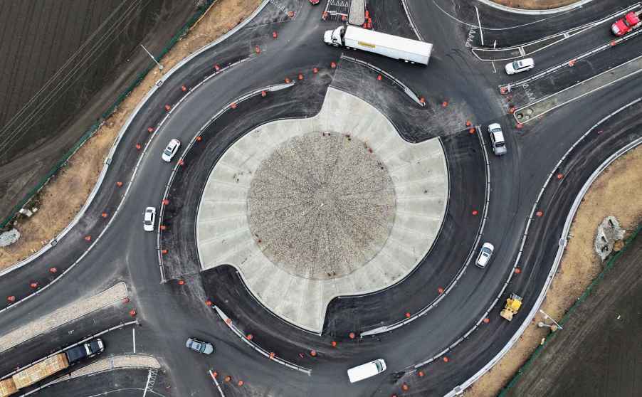 An aerial view of the turbo roundabout in San Benito County, California at highway intersection SR 25/156