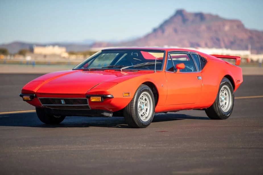 Front of an orang De Tomaso Pantera classic Italian supercar.