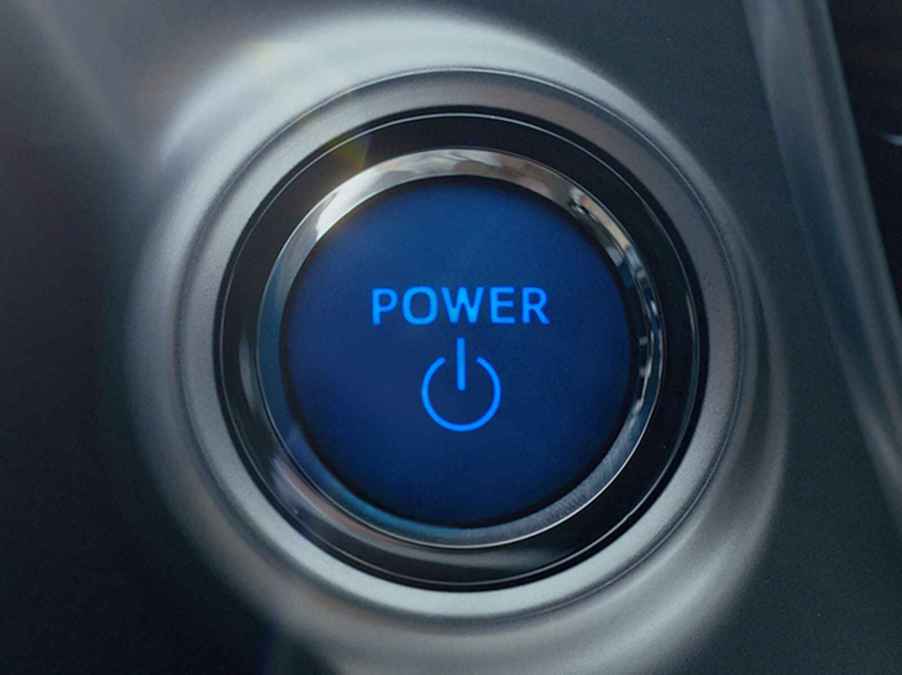 A Gen 1 2019 Toyota Mirai hydrogen sedan power button in close view