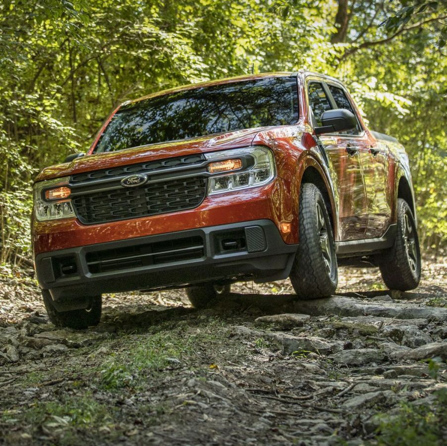 The 2024 Ford Maverick off-roading in the woods