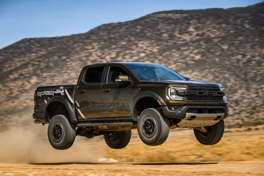 The 2024 Ford Ranger Raptor jumping through the air