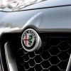 Alfa Romeo logo above the grille on a silver gray cr.