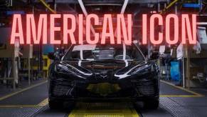 A Chevrolet Corvette at the Bowling Green Assembly Plant in Kentucky with a graphic.