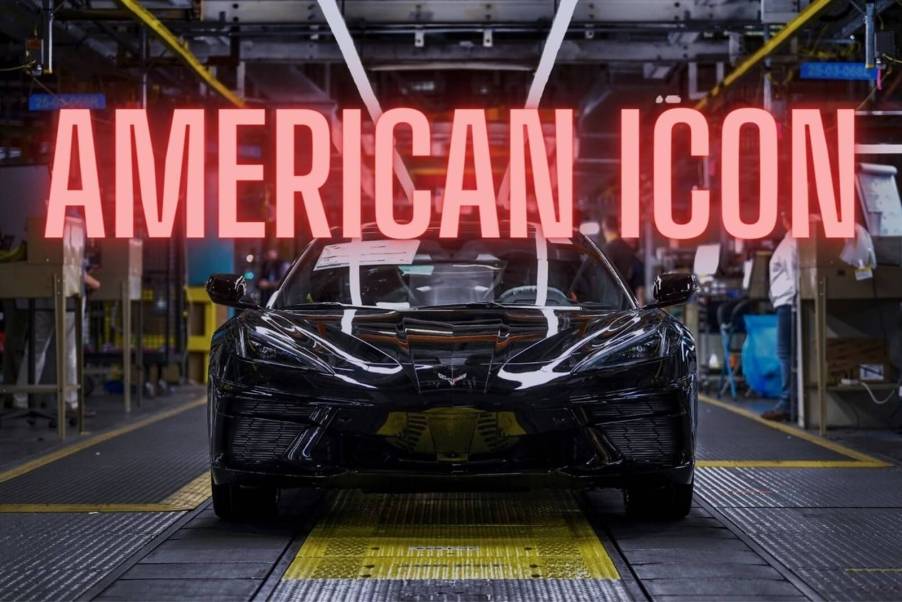 A Chevrolet Corvette at the Bowling Green Assembly Plant in Kentucky with a graphic.