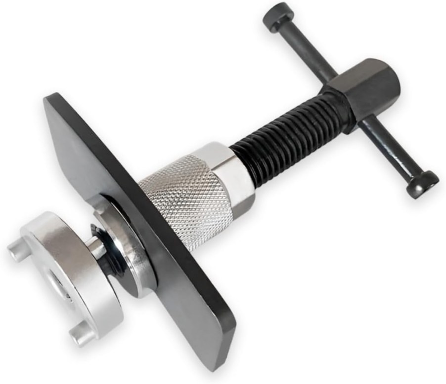 Black and chrome brake piston caliper rewind tool with a plunger, screw, and handle.