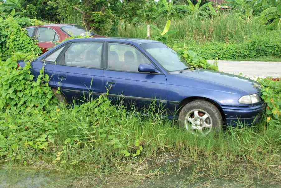 A blue sedan abandoned in a field, grass and other plants growing up past it.