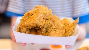 Paper box full of Royal Farms gas station fried chicken.