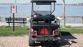 The back of a golf cart parked facing a lake, next to a "golf cart parking only" sign.