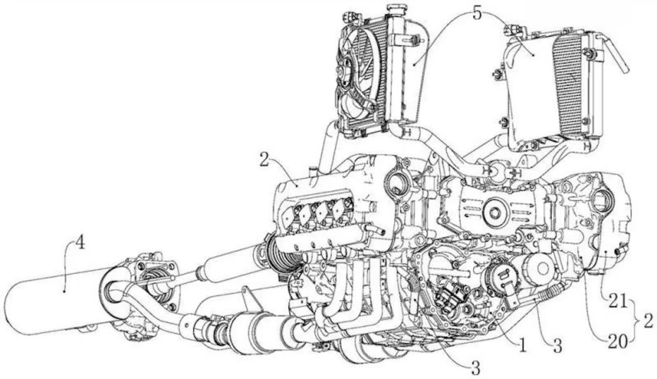 Blueprint of a flat-eight motorcycle engine by Great Wall Motors