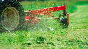 Grass clippings flying out of the deck of an orange lawn mower.