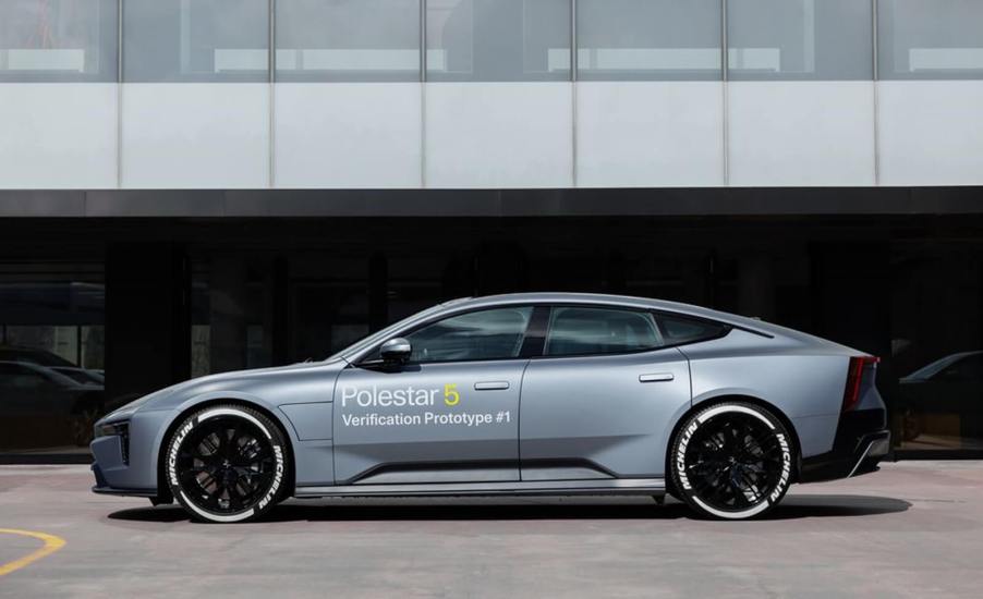 A Polestar 5 prototype shows off its side profile.