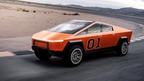 A General Lee Tesla Cybertruck on the track