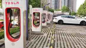 A row of Tesla superchargers in Beijing