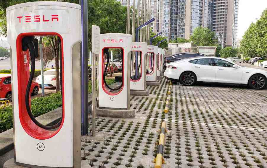 A row of Tesla superchargers in Beijing