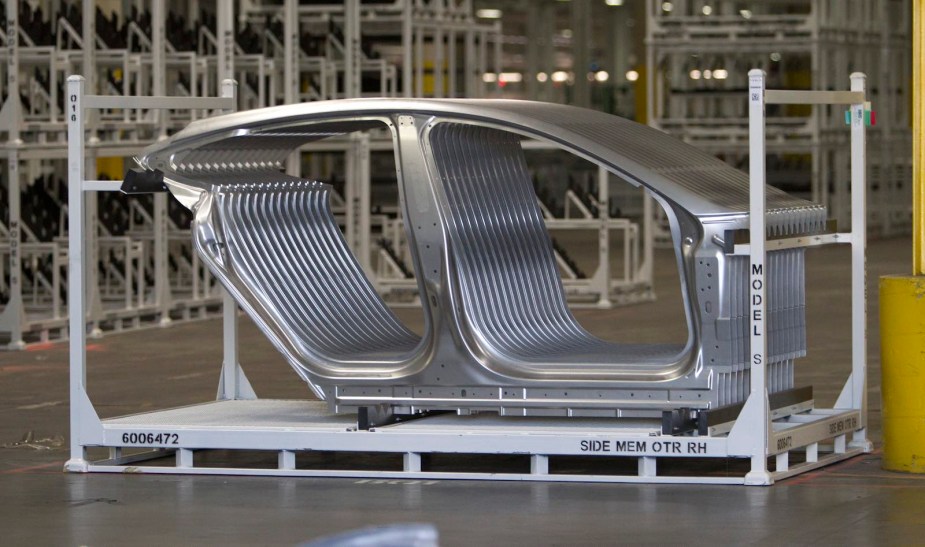 Unibody shell of a Tesla EV in the Fremont factory