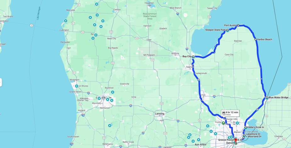 Map of a loop along the Lake Huron shore in Michigan.