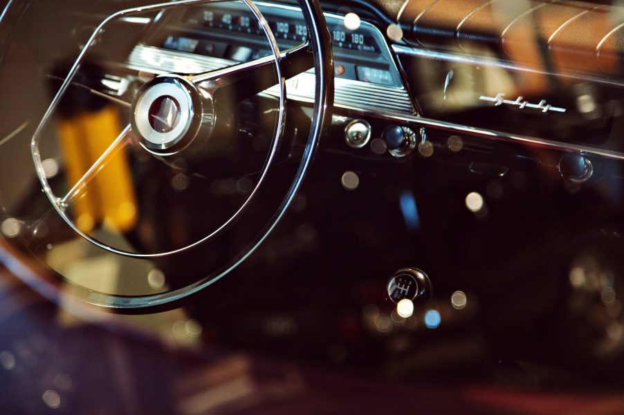 The interior of a vintage classic Volvo grand tourer.