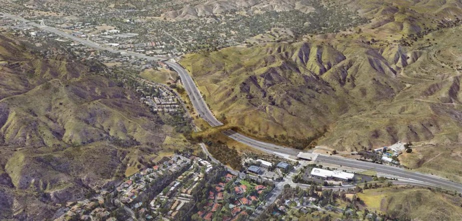 The Santa Monica Mountains with render of proposed wildlife bridge.