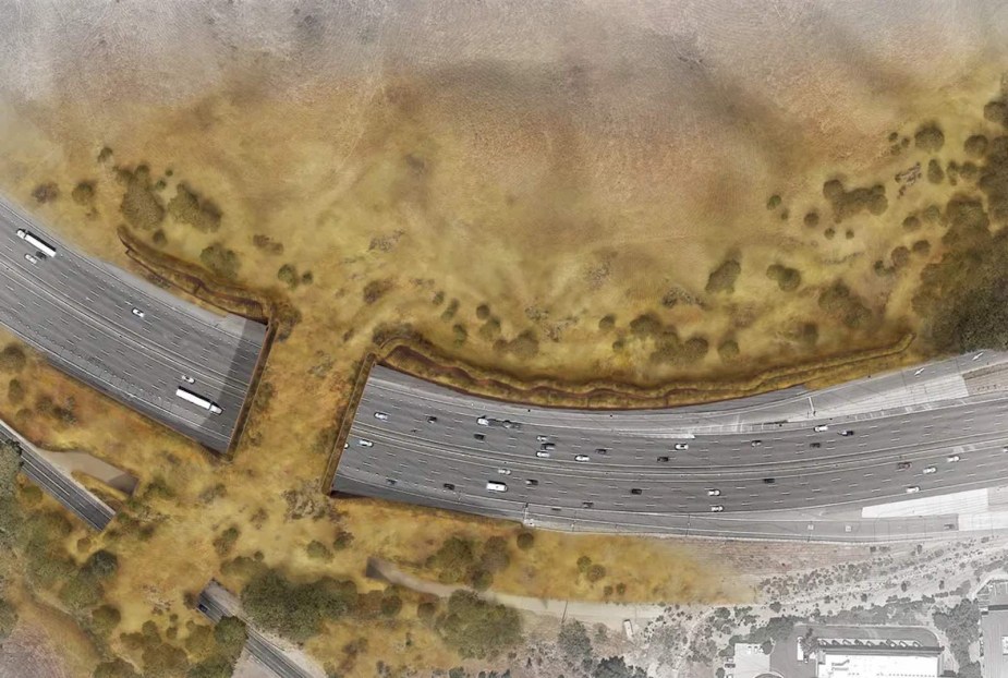 Overhead view of a green wildlife crossing bridge stretching across California's interstate 101.