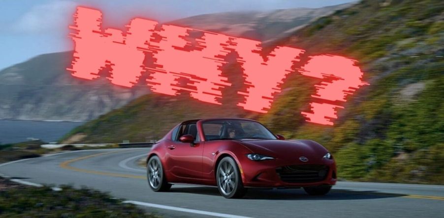 A 2024 Mazda MX-5 Miata cruises around a corner under a graphic.