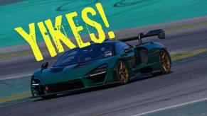 A green McLaren Senna on a track with a graphic.