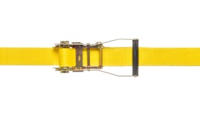 A bright yellow ratchet strap with a metal ratchet mechanism, on a white background.