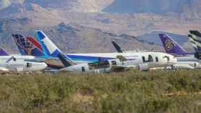 Scrapped aircraft sit at the Mojave Air Space Port Bone Yard