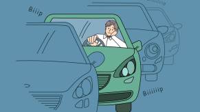 Illustration of a grey-haired man with white button up short bored during commute time hand on cheek waiting in traffic